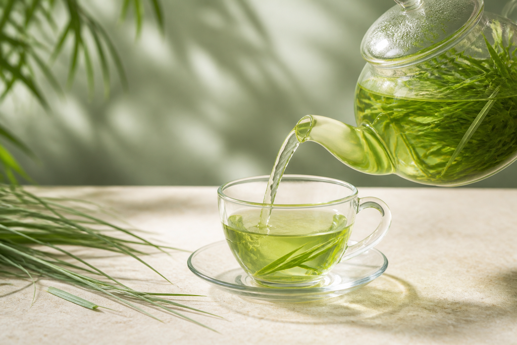 Glass teapot pouring green whole-leaf lemongrass tea into a clear cup